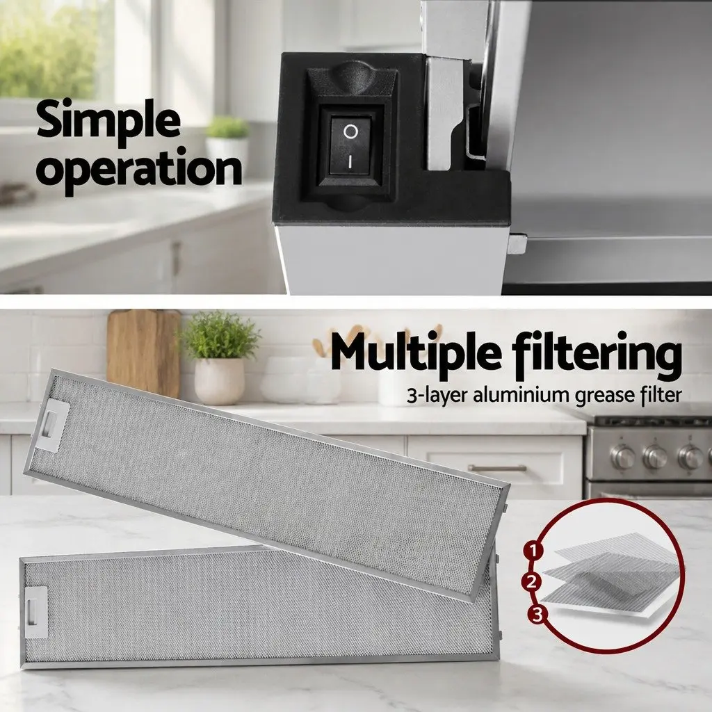 Slide Out Range Hood Silver 90cm High-Performance Motor Two-Speed Fan Control