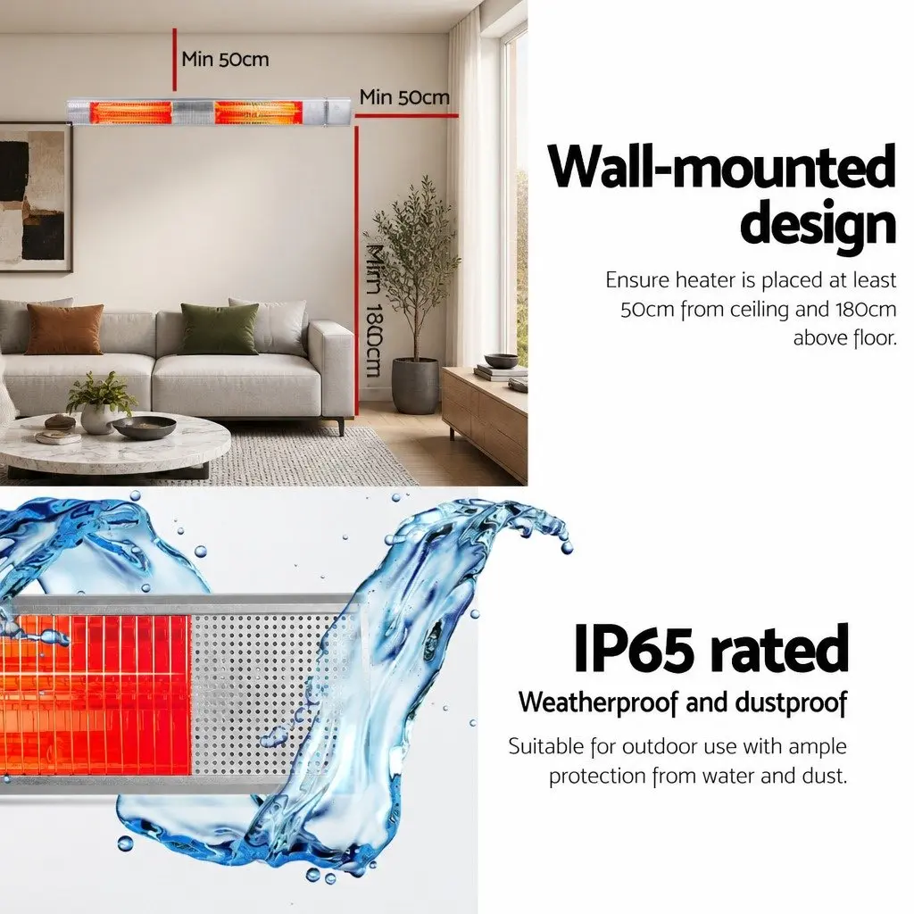 Electric Heater Silver 3000W Infrared Strip Radiant Heating System Wall Mount Remote Control