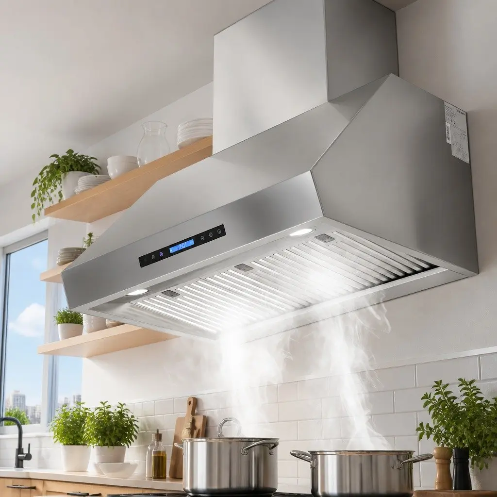 Wall-Mounted Range Hood Silver 900mm 3-Speed Fan LED Display Remote Control
