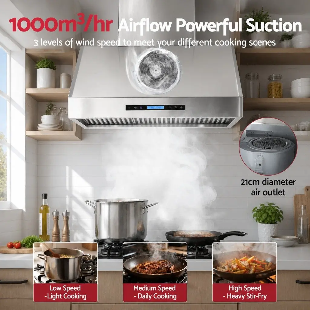 Wall-Mounted Range Hood Silver 900mm 3-Speed Fan LED Display Remote Control
