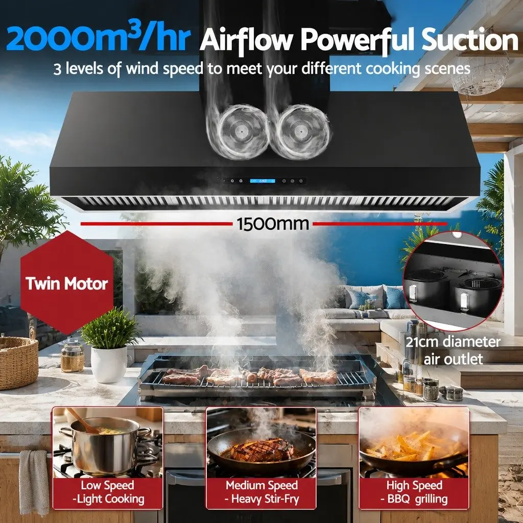 1500mm Range Hood Black Wall-mounted Dual Motor Remote Control Kitchen Extractor