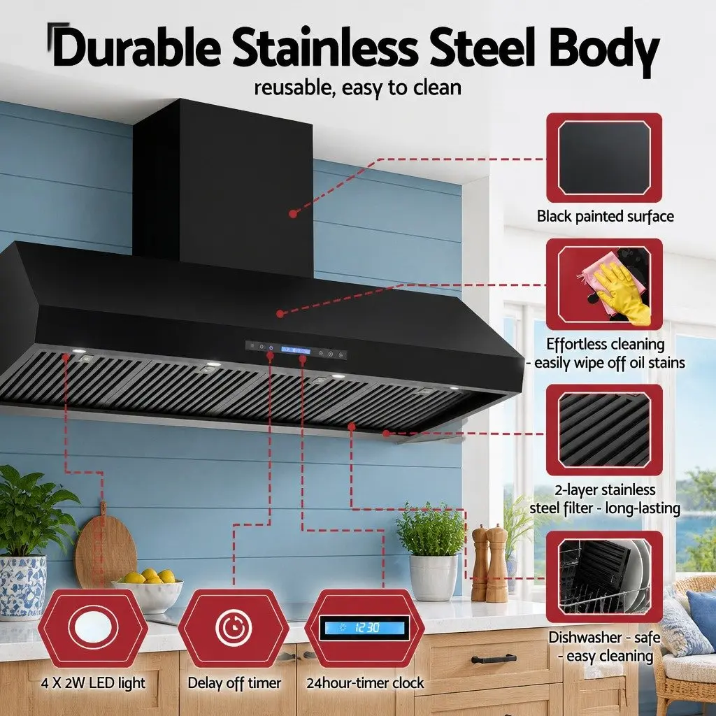 1500mm Range Hood Black Wall-mounted Dual Motor Remote Control Kitchen Extractor