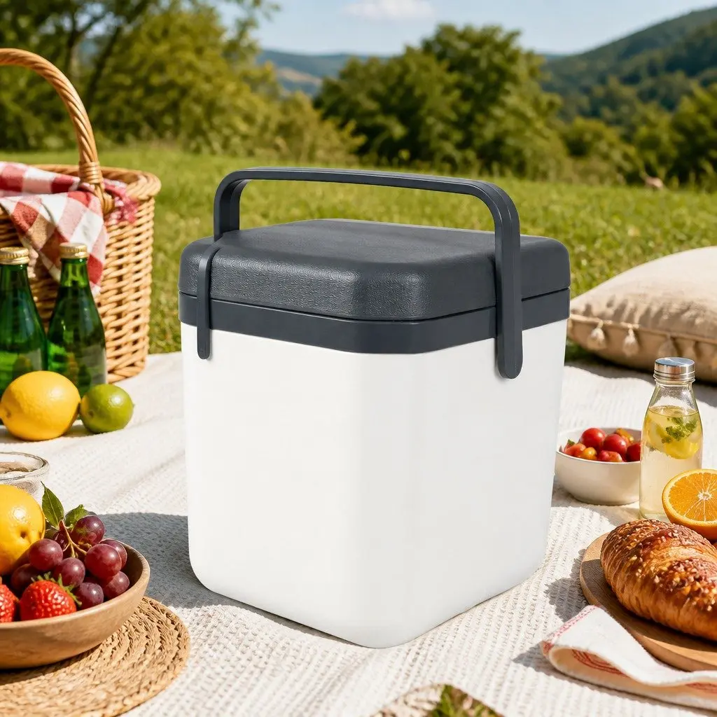 Insulated Cooler Box White Grey 6L Portable Food Storage Waterproof Interior Foldable Handle