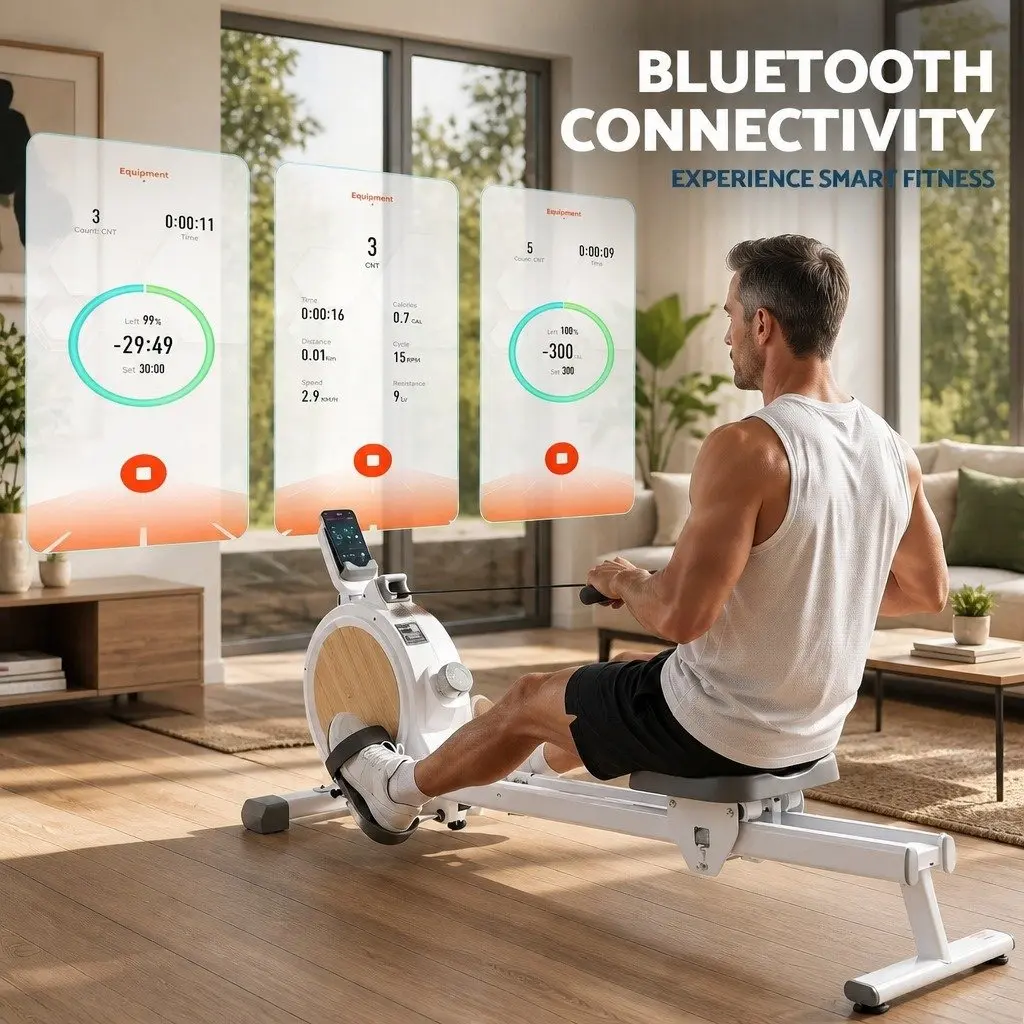 Magnetic Rowing Machine White Compact 16 Resistance Levels Bluetooth Connectivity