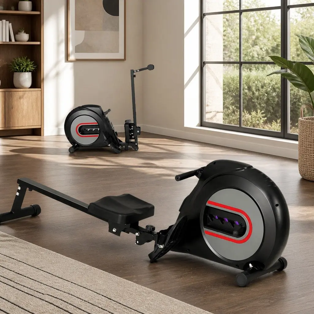 Rowing Machine Black 150kg Elastic Rope Resistance Home Cardio Fitness with LCD Display Adjustable Foot Straps Contoured Seat