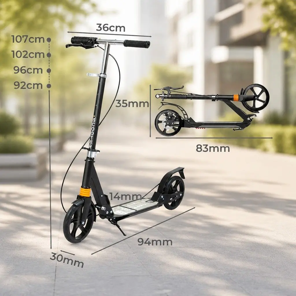 Adult Scooter Black Adjustable Height Anti-Slip Deck One-Click Fold
