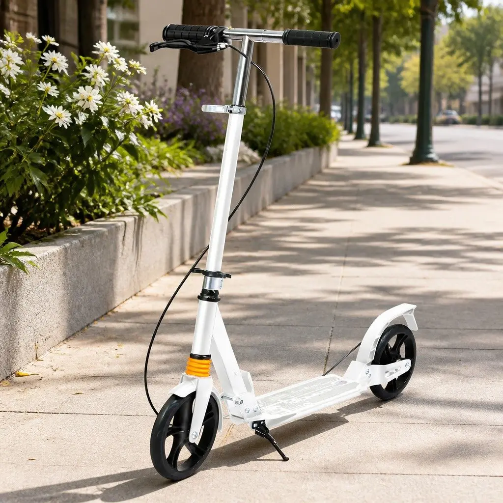 Adult Scooter White Adjustable Height Anti-Slip Deck Dual Brakes