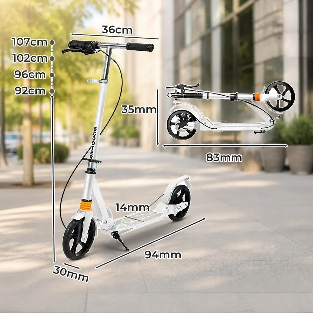 Adult Scooter White Adjustable Height Anti-Slip Deck Dual Brakes