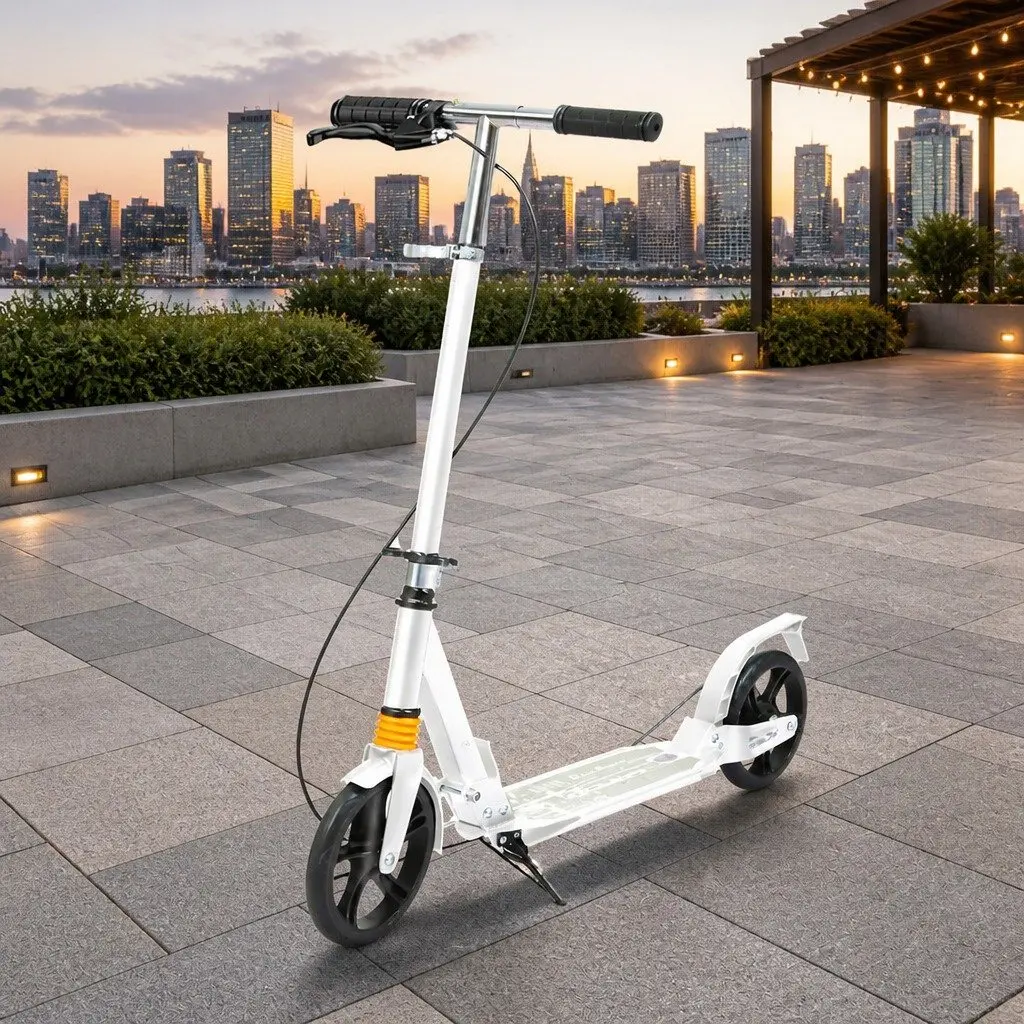 Adult Scooter White Adjustable Height Anti-Slip Deck Dual Brakes