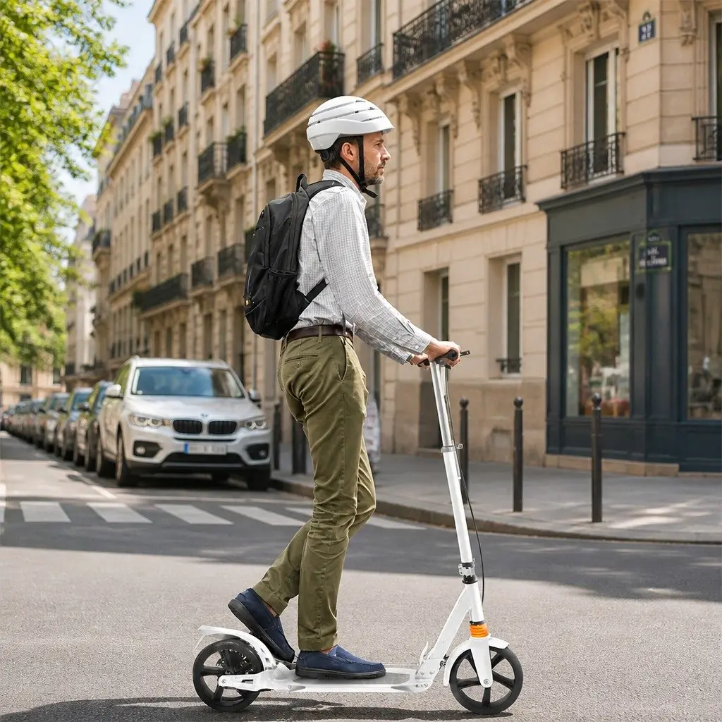 Adult Scooter White Adjustable Height Anti-Slip Deck Dual Brakes