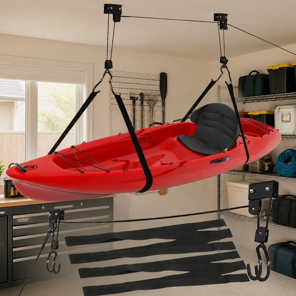 Ceiling Storage Hoist Pulley System 54kg Capacity Bike Kayak Garage Lift