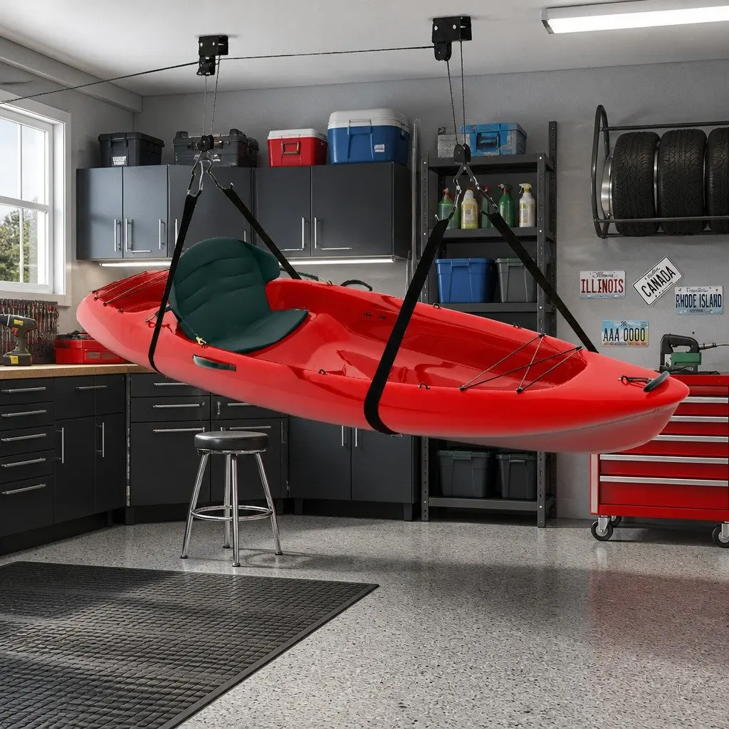 Ceiling Storage Hoist Pulley System 54kg Capacity Bike Kayak Garage Lift