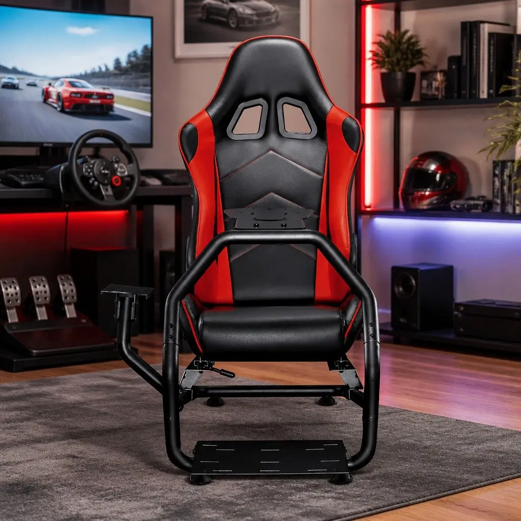 Racing Simulator Cockpit Gaming Chair Black Adjustable Steel Frame PVC Leather Seat