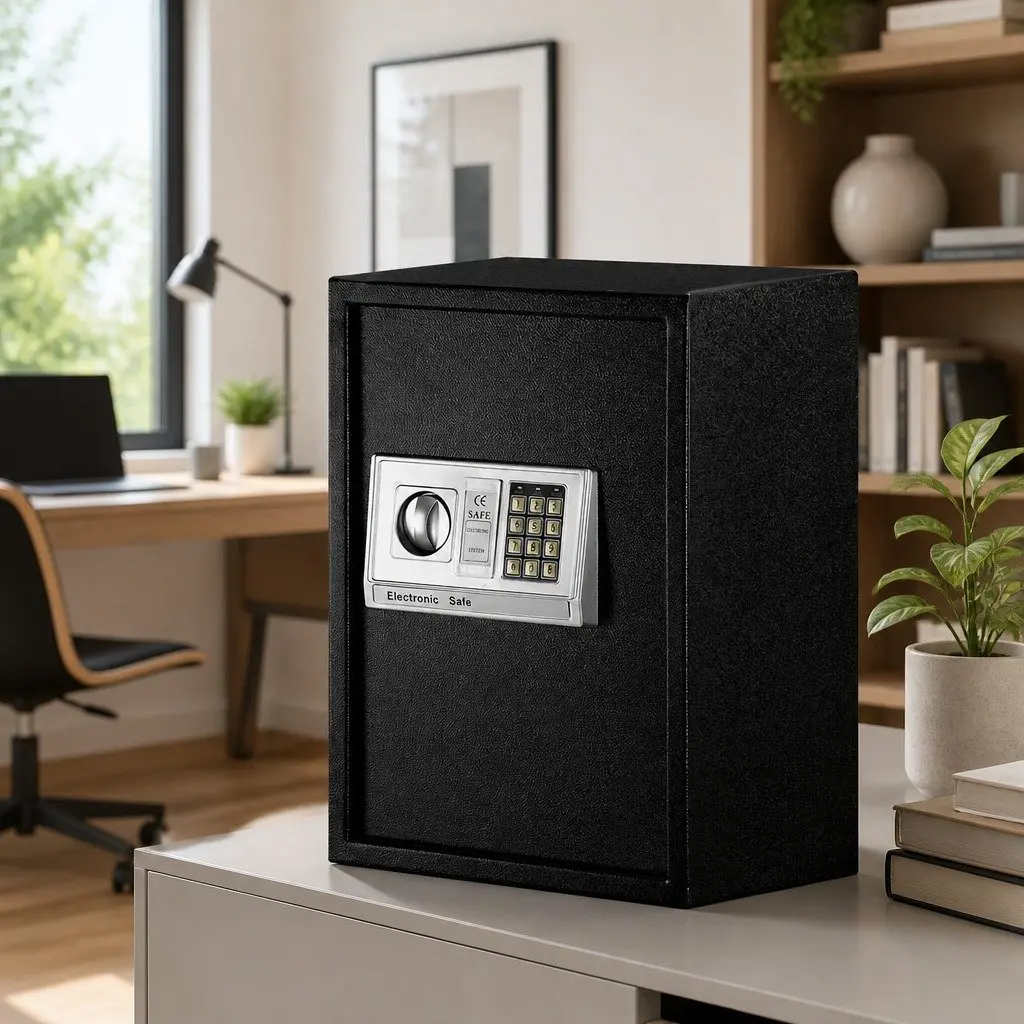 Digital Security Safe Box Black Electronic Lockbox 50cm x 35cm x 30.5cm Solid Steel Construction Adjustable Shelving Carpeted Interior