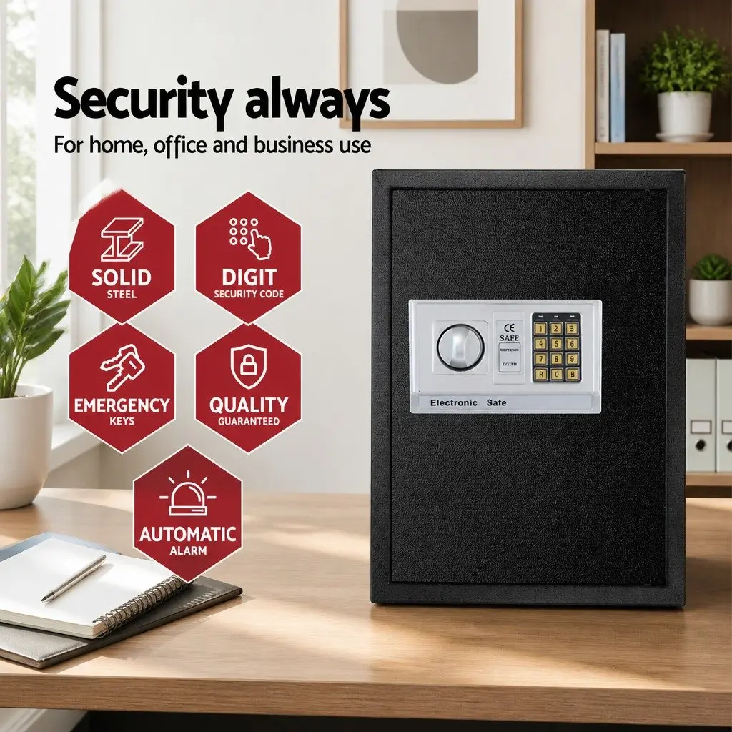 Digital Security Safe Box Black Electronic Lockbox 50cm x 35cm x 30.5cm Solid Steel Construction Adjustable Shelving Carpeted Interior