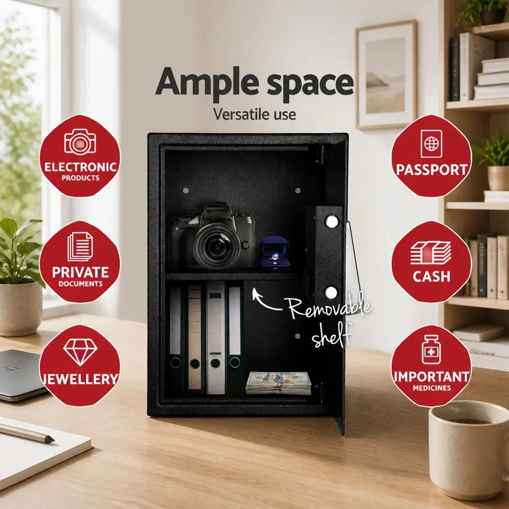 Digital Security Safe Box Black Electronic Lockbox 50cm x 35cm x 30.5cm Solid Steel Construction Adjustable Shelving Carpeted Interior