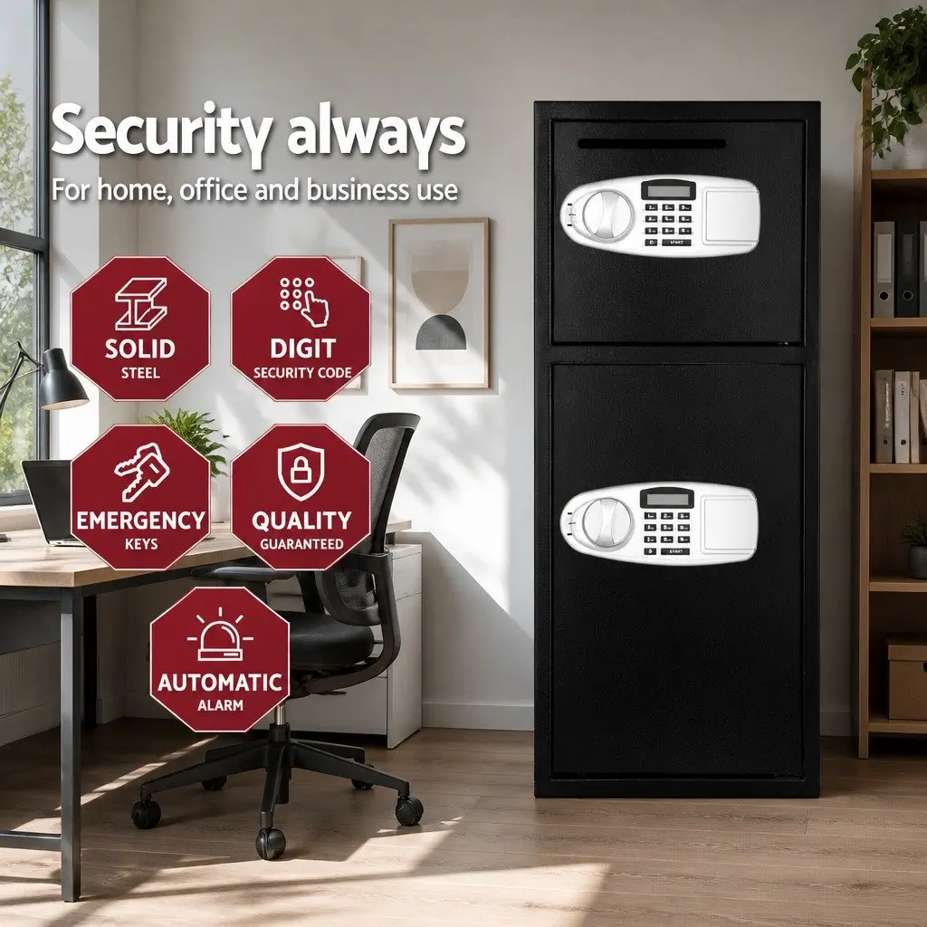 Electronic Digital Security Safe Box Black Dual Compartment Solid Steel Construction