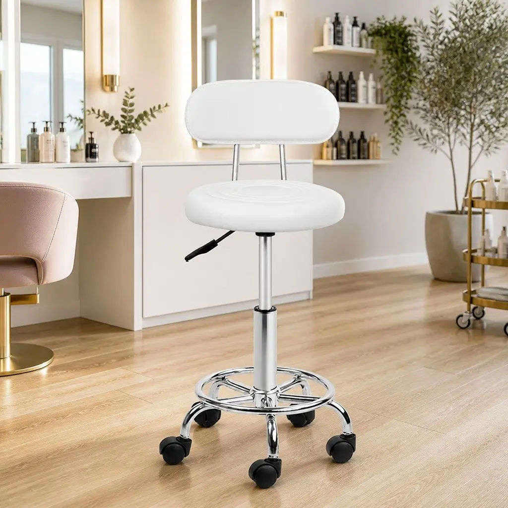 Salon Stool White Adjustable Height Swivel Chair with Backrest