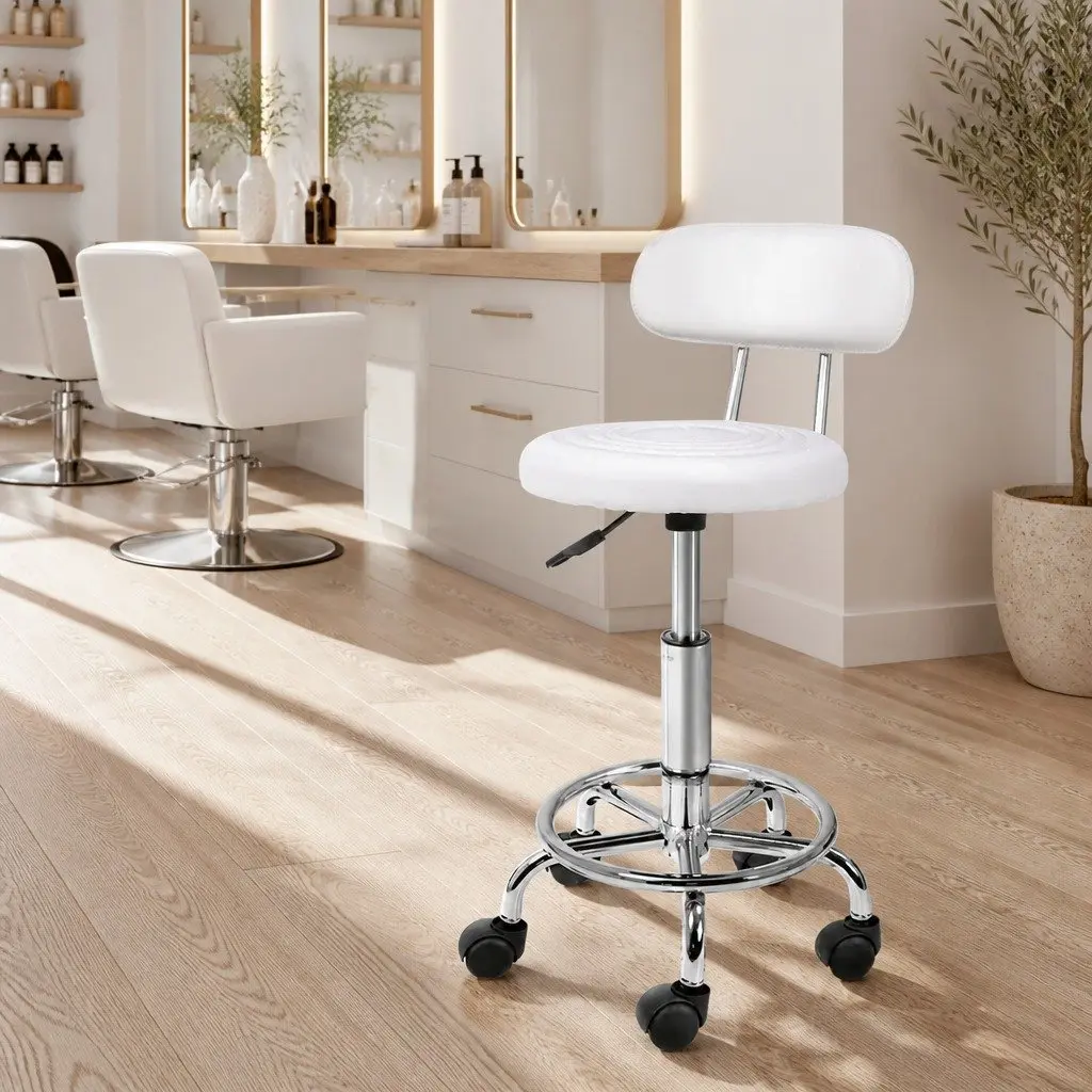 Salon Stool White Adjustable Height Swivel Chair with Backrest