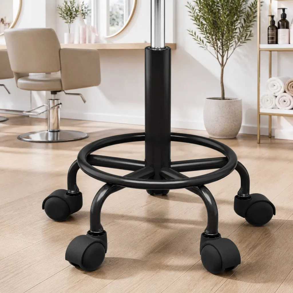 Salon Stool Black Adjustable Height Round Swivel Seat PU Leather Foam Padding Chrome Base Castor Wheels