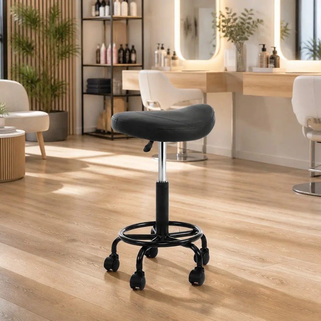 Salon Stool Black PU Leather Adjustable Height Saddle Seat with 360° Rotation and Five Nylon Castor Wheels