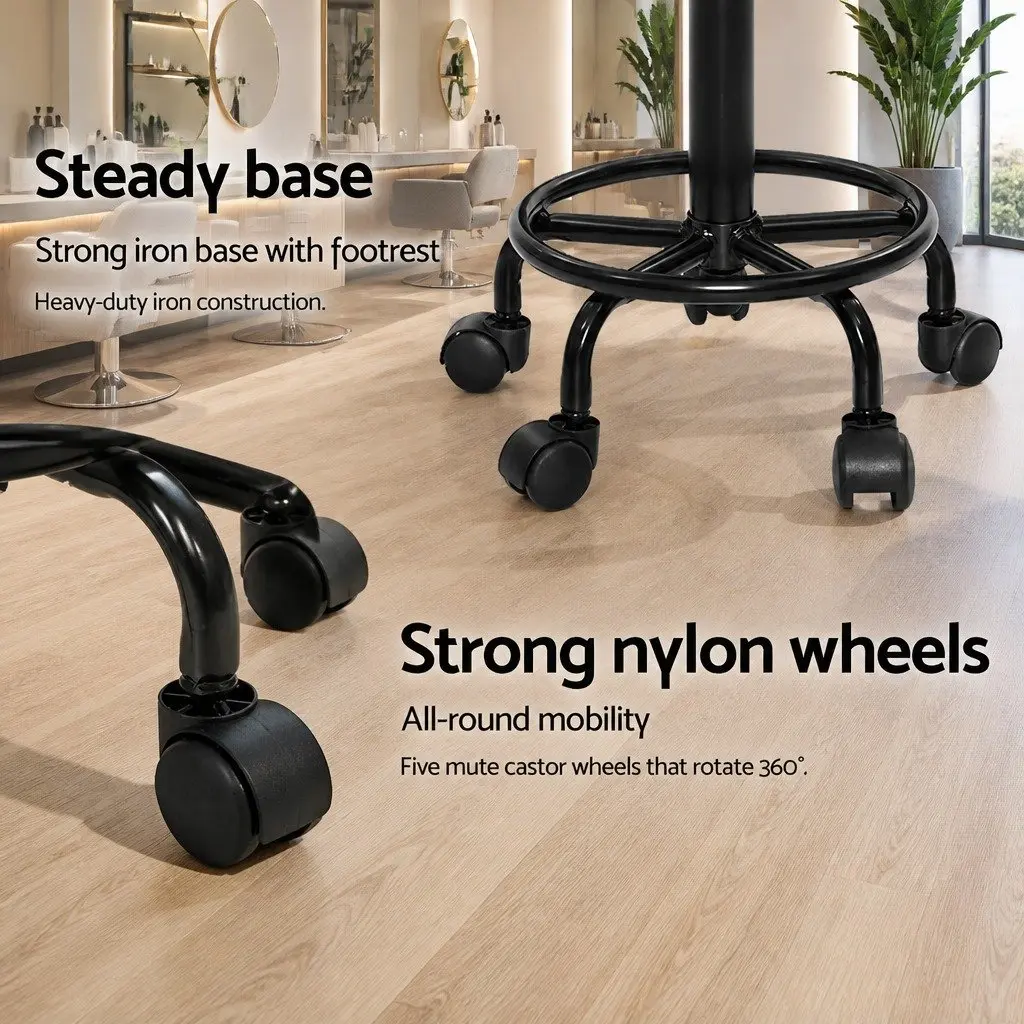 Salon Stool Black PU Leather Adjustable Height Saddle Seat with 360° Rotation and Five Nylon Castor Wheels