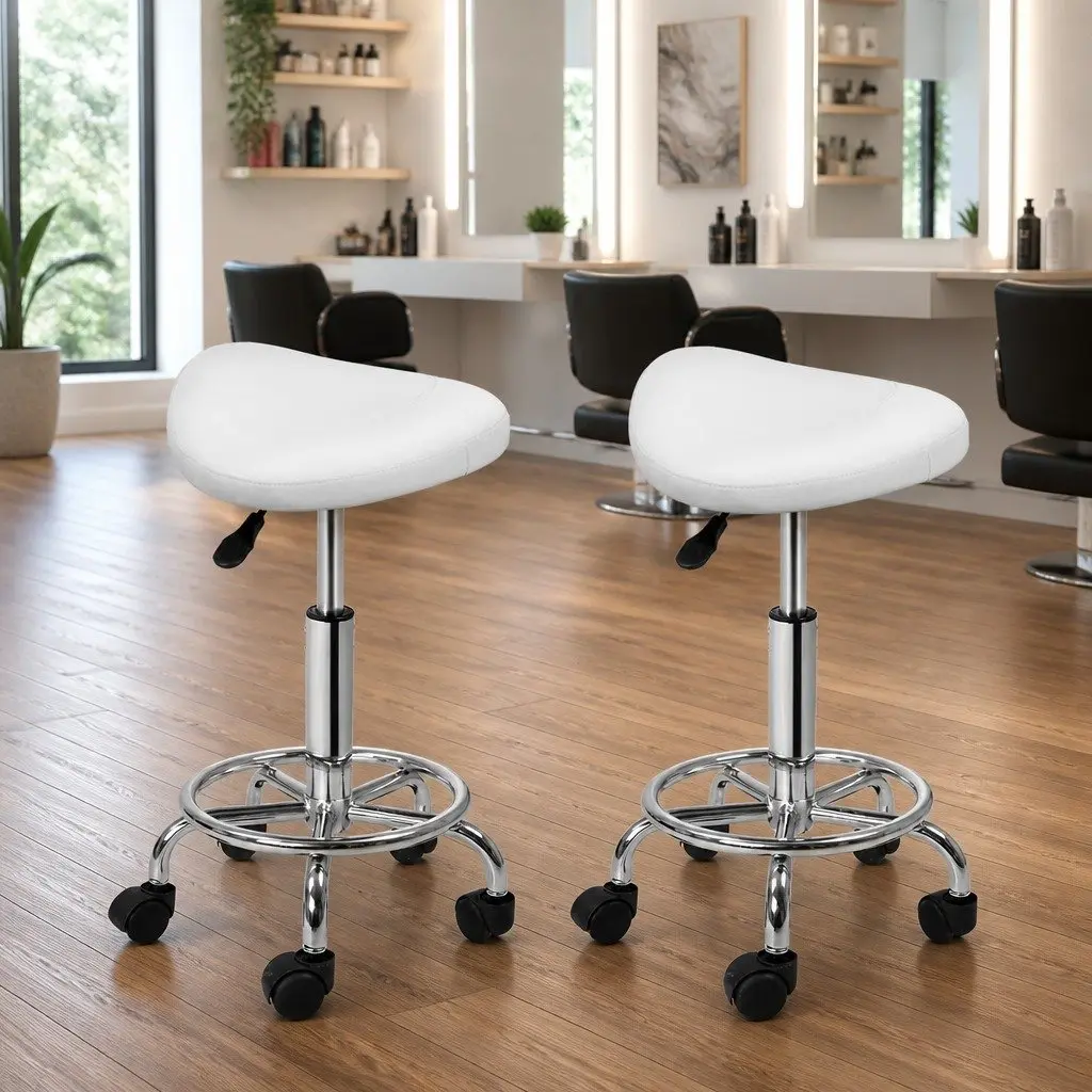 Salon Stool White Saddle Seat 360° Rotatable Adjustable Height PU Leather