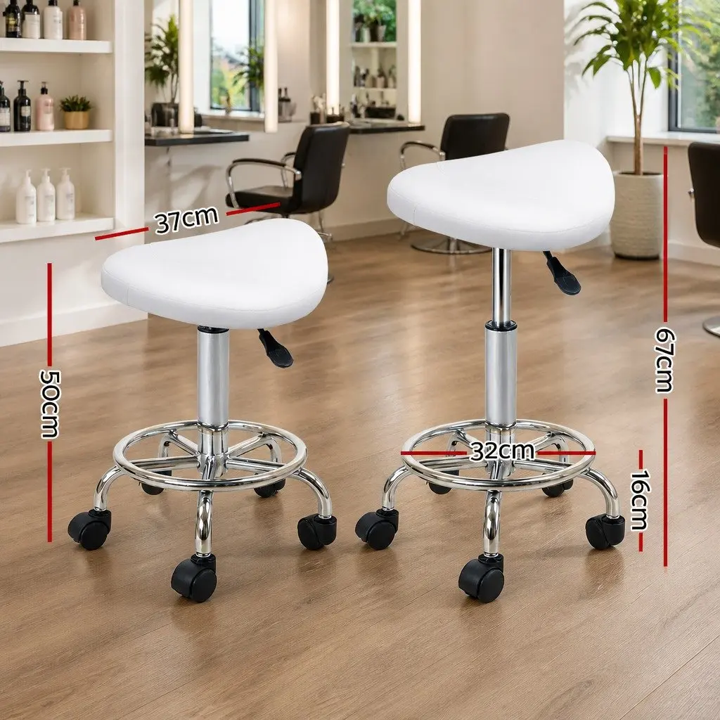Salon Stool White Saddle Seat 360° Rotatable Adjustable Height PU Leather