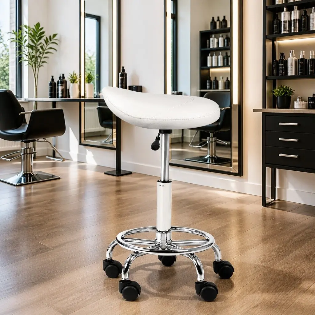 Salon Stool White Saddle Seat 360° Rotatable Adjustable Height PU Leather