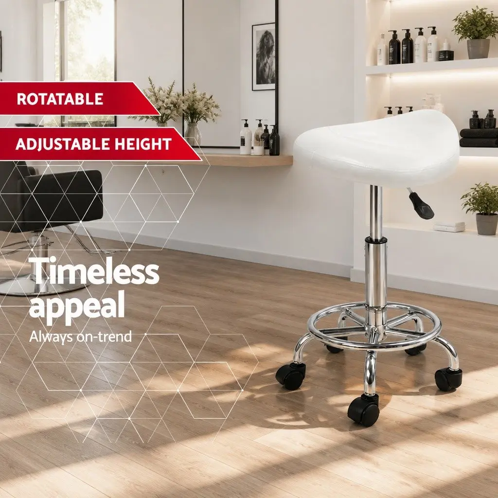 Salon Stool White Saddle Seat 360° Rotatable Adjustable Height PU Leather