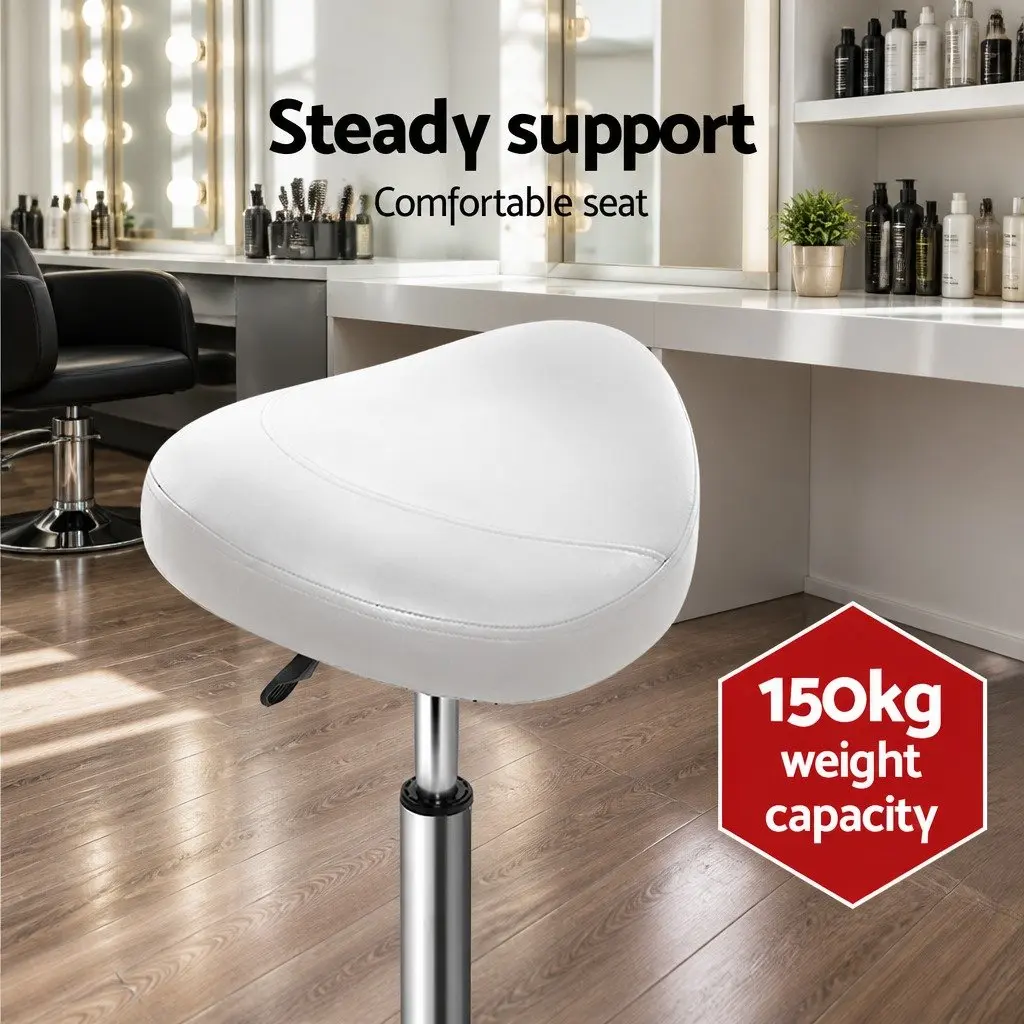 Salon Stool White Saddle Seat 360° Rotatable Adjustable Height PU Leather