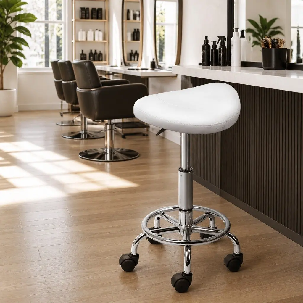 Salon Stool White Saddle Seat 360° Rotatable Adjustable Height PU Leather