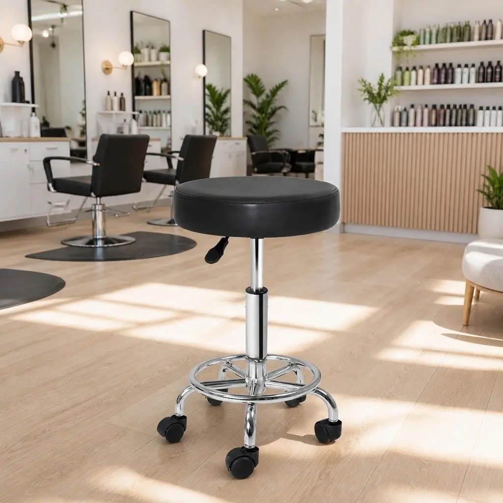 Salon Stool Black Adjustable Height 360° Rotatable Seat Five Castor Wheels