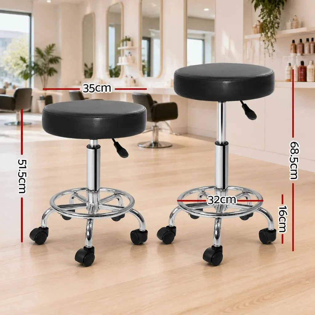 Salon Stool Black Adjustable Height 360° Rotatable Seat Five Castor Wheels