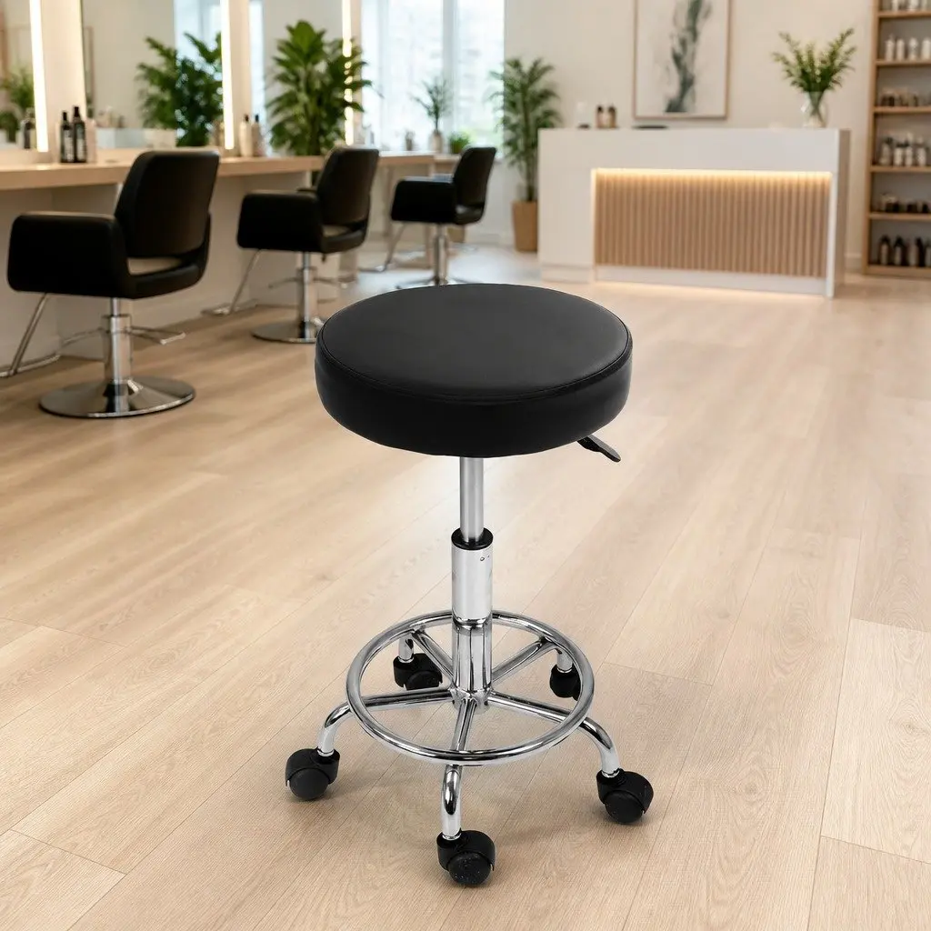 Salon Stool Black Adjustable Height 360° Rotatable Seat Five Castor Wheels