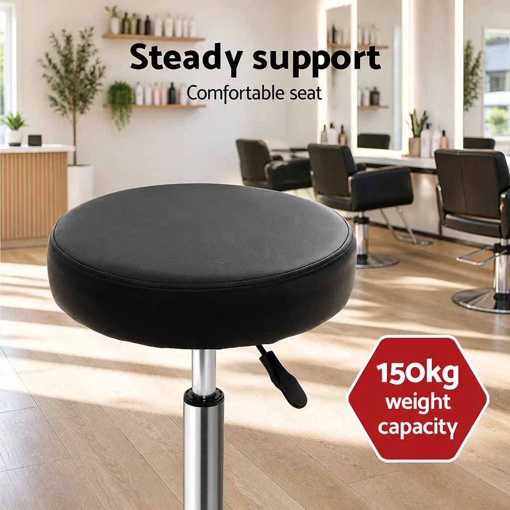 Salon Stool Black Adjustable Height 360° Rotatable Seat Five Castor Wheels