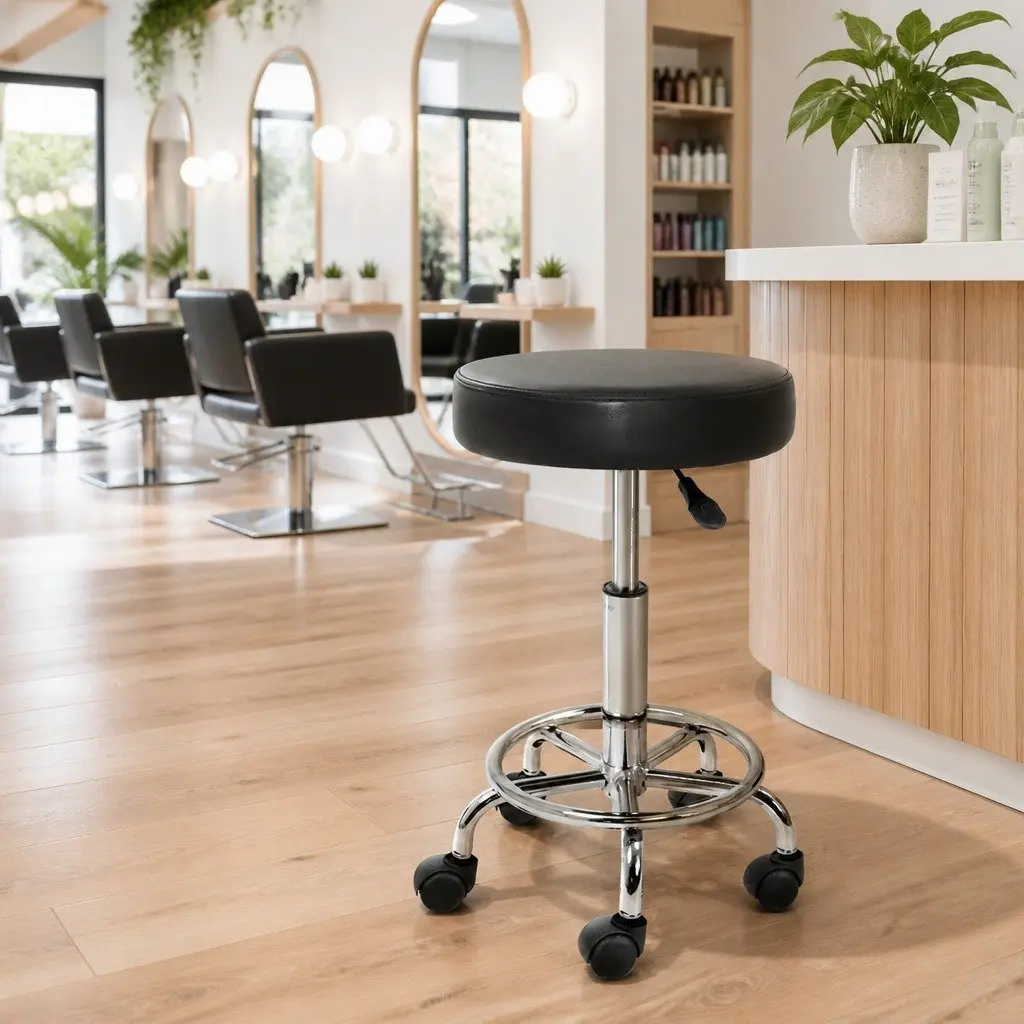 Salon Stool Black Adjustable Height 360° Rotatable Seat Five Castor Wheels