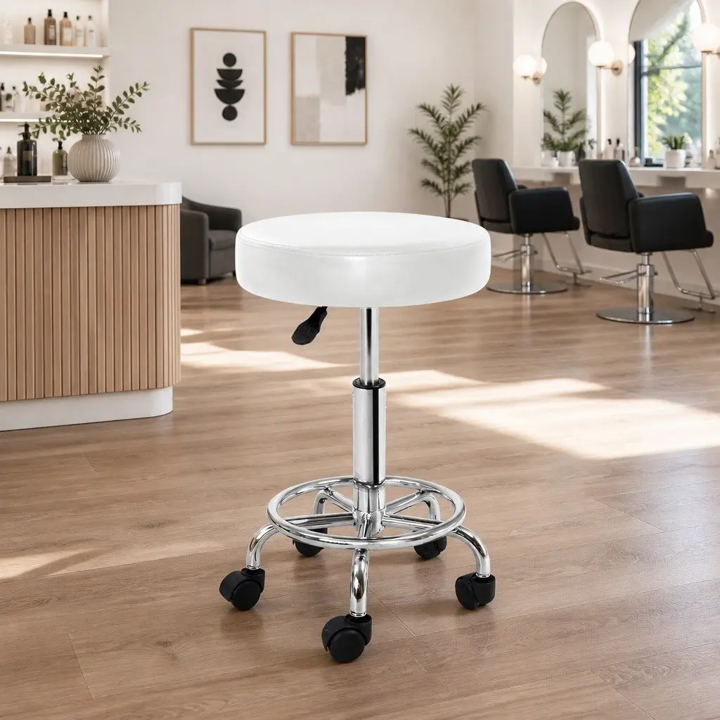 Salon Stool White Round Adjustable Height Swivel Chair with Comfort Foam Padding and Chrome Base