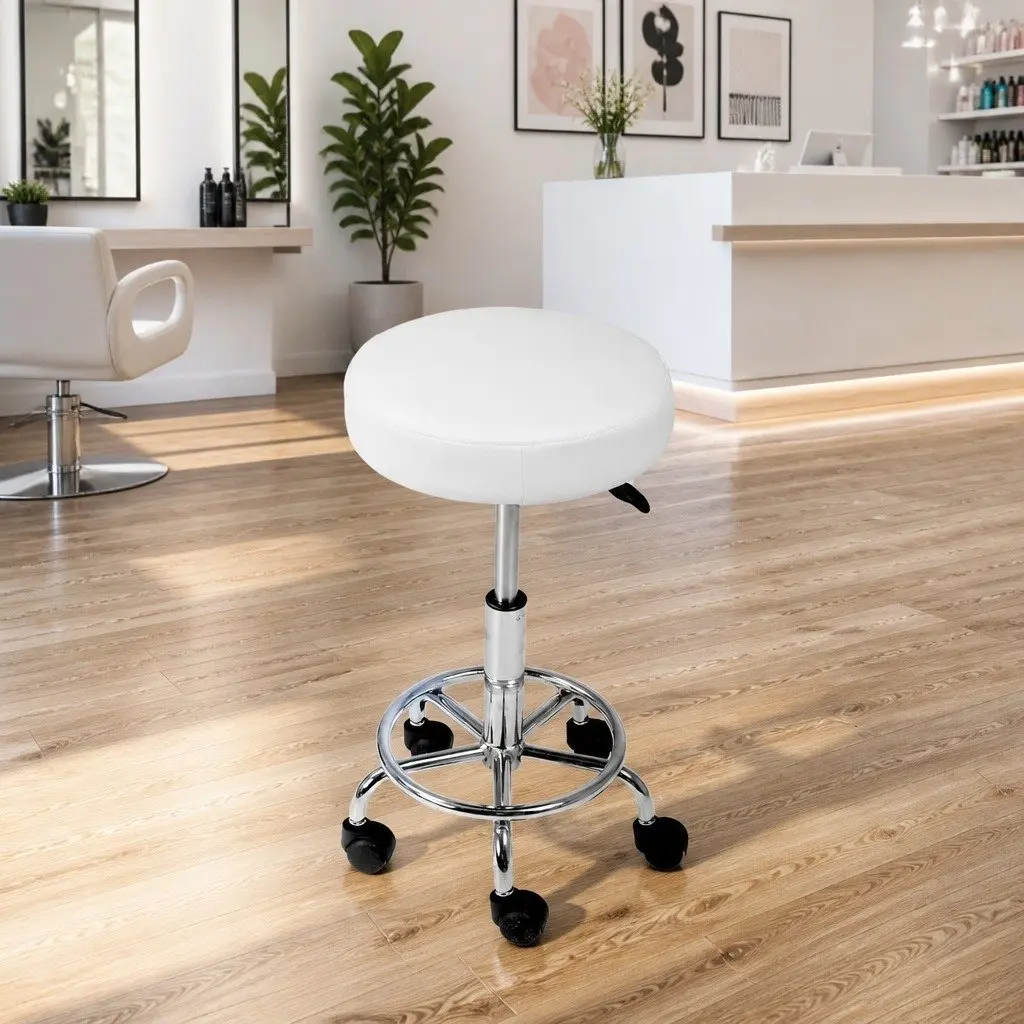 Salon Stool White Round Adjustable Height Swivel Chair with Comfort Foam Padding and Chrome Base