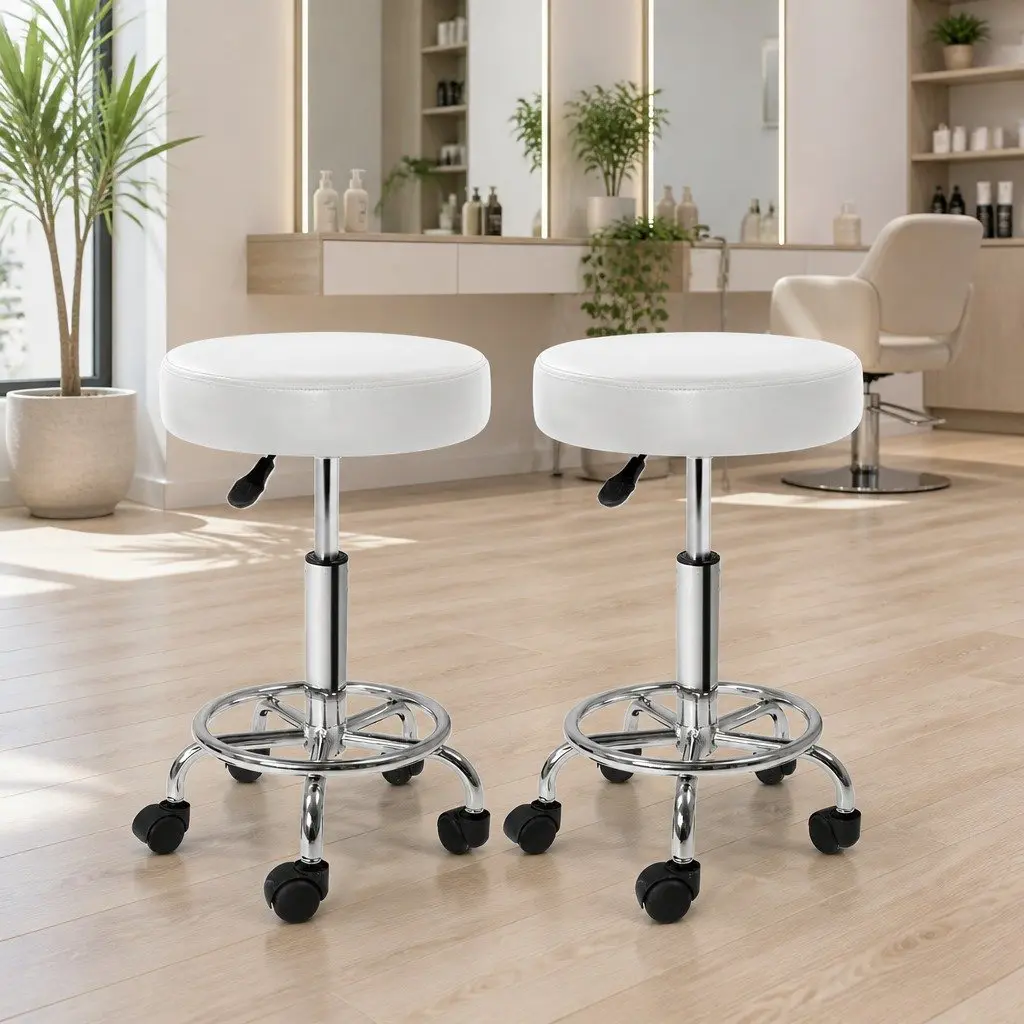 Salon Stool White Round Adjustable Height 360° Swivel with Footrest and Castor Wheels x2