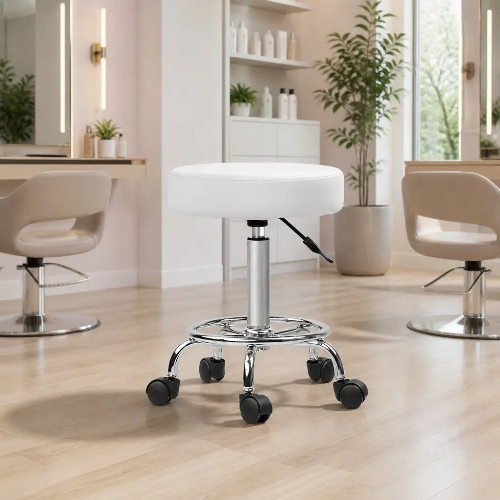 Salon Stool White Round Adjustable Height 360° Swivel with Footrest and Castor Wheels x2