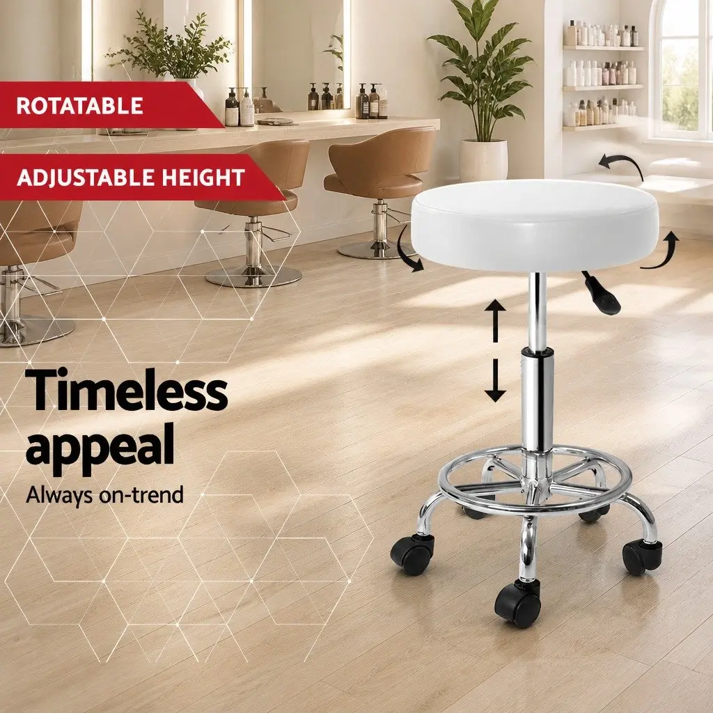 Salon Stool White Round Adjustable Height 360° Swivel with Footrest and Castor Wheels x2