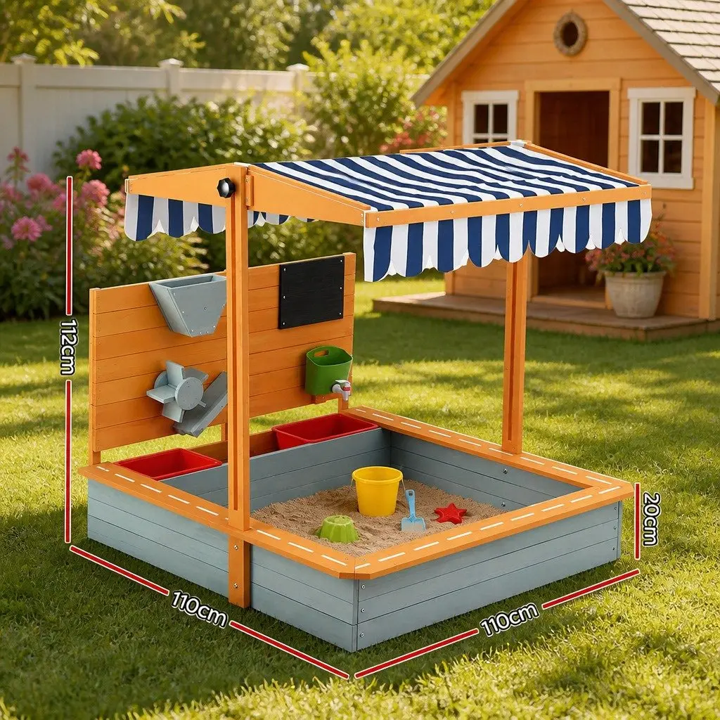 Kids Sandbox With Canopy Green Wooden Sandpit Outdoor Play Equipment 110cm