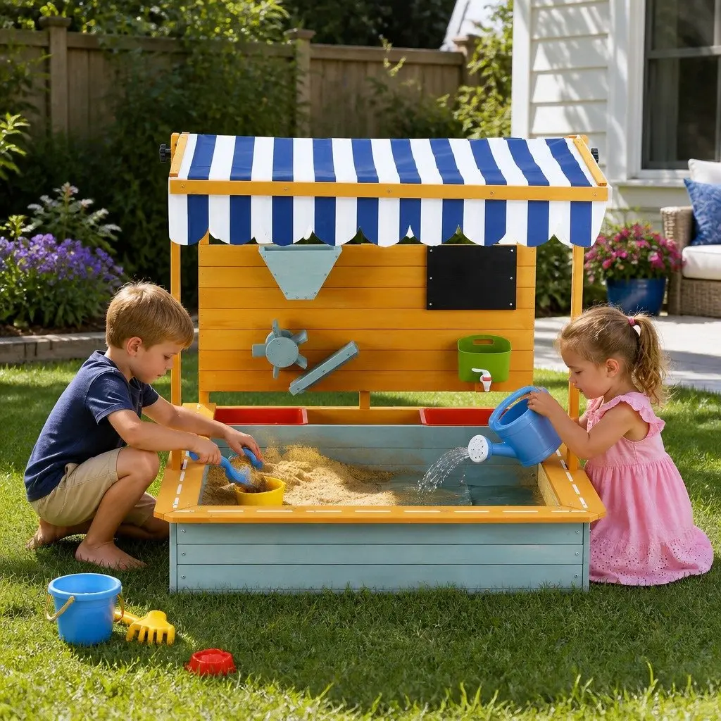 Kids Sandbox With Canopy Green Wooden Sandpit Outdoor Play Equipment 110cm