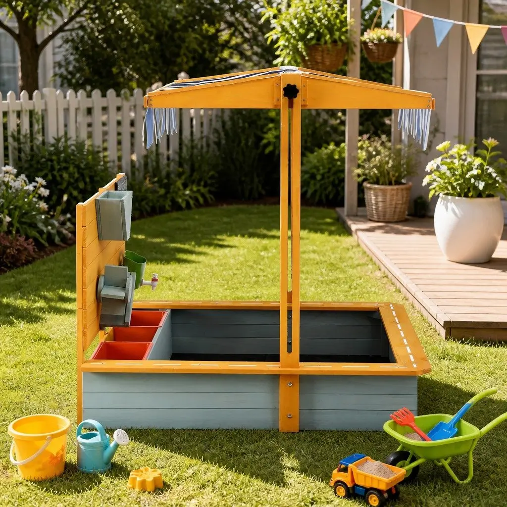 Kids Sandbox With Canopy Green Wooden Sandpit Outdoor Play Equipment 110cm