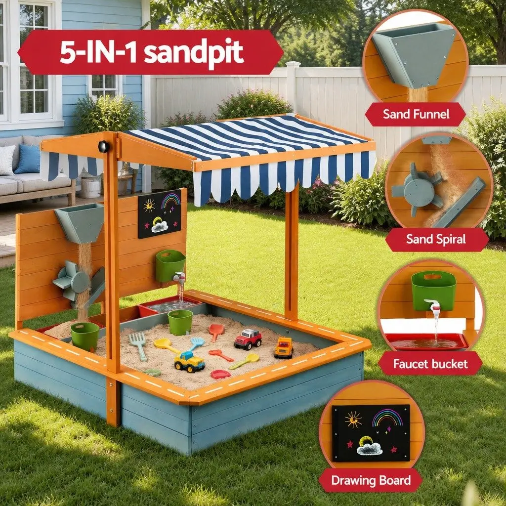 Kids Sandbox With Canopy Green Wooden Sandpit Outdoor Play Equipment 110cm