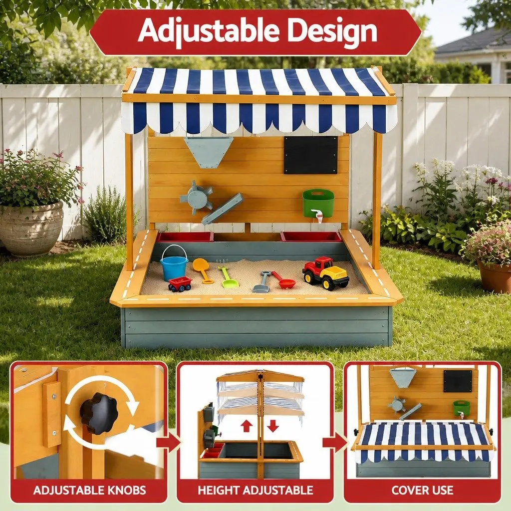 Kids Sandbox With Canopy Green Wooden Sandpit Outdoor Play Equipment 110cm