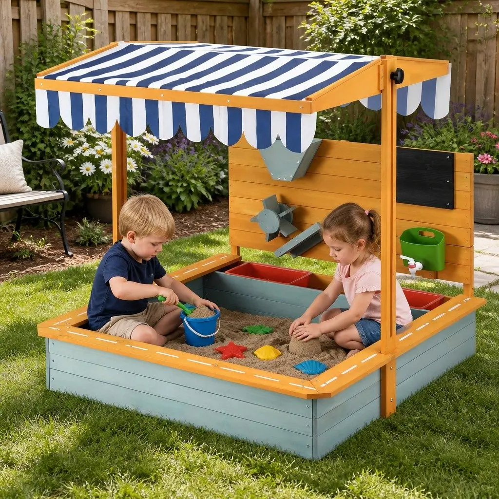 Kids Sandbox With Canopy Green Wooden Sandpit Outdoor Play Equipment 110cm