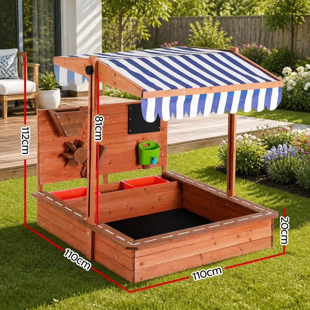 Kids Sandbox Wooden Canopy Sandpit Outdoor Playset Water Resistant Cover Funnel