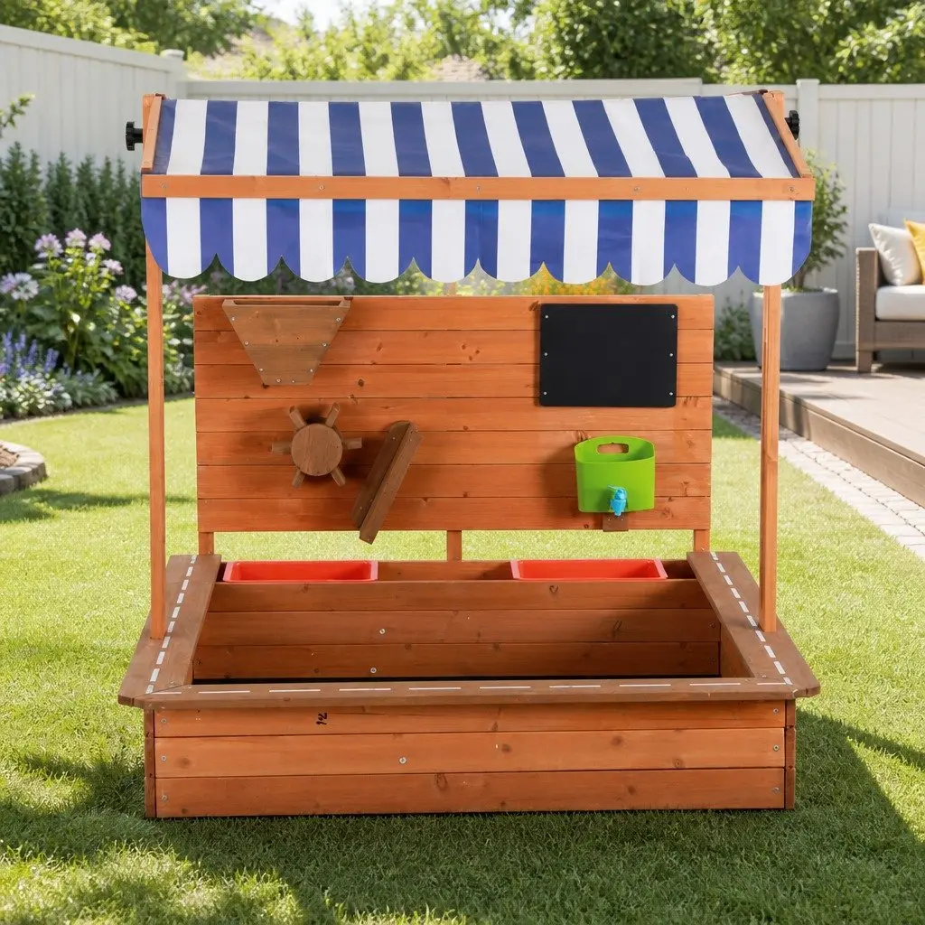Kids Sandbox Wooden Canopy Sandpit Outdoor Playset Water Resistant Cover Funnel